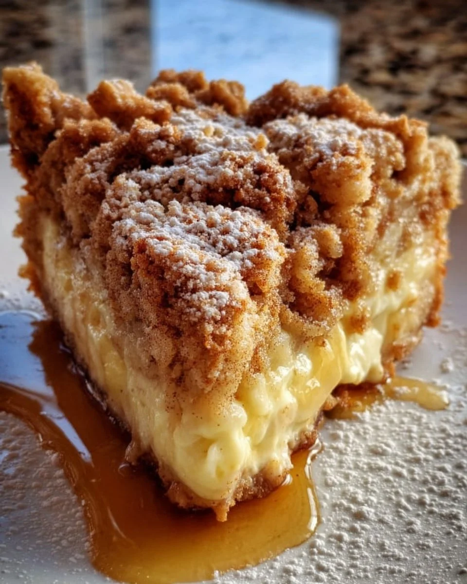 Apfelkuchen mit Pudding und Zimtstreuseln auf einem Teller serviert