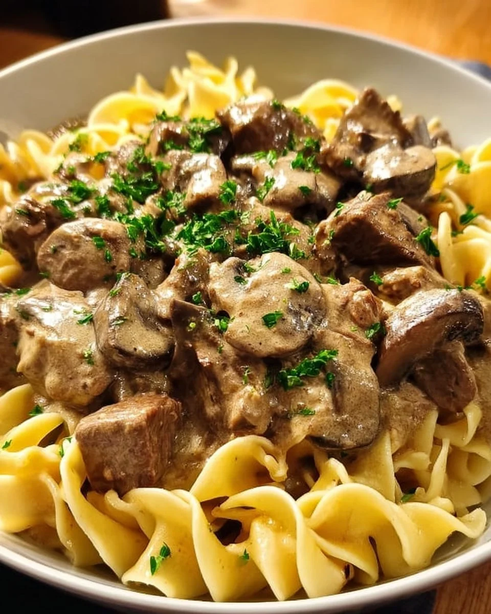 Authentisches klassisches Beef Stroganoff mit zartem Rindfleisch und cremiger Sauce