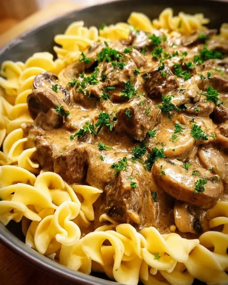 Authentisches klassisches Rindfleisch Stroganoff Gericht auf einem Teller serviert