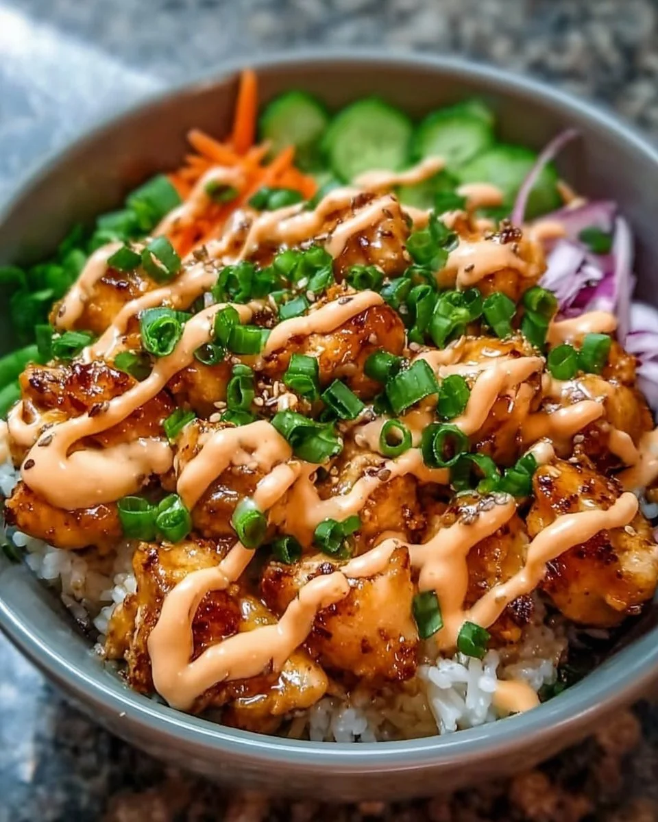 Bang Bang Hähnchen Schüssel mit frischem Gemüse und schmackhaften Saucen