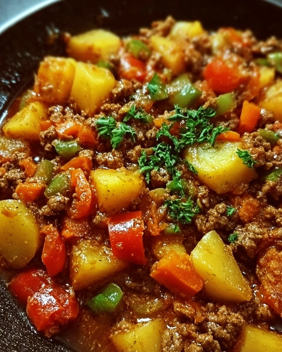 Bauerntopf mit Hackfleisch, Kartoffeln und Paprika auf einem Teller serviert