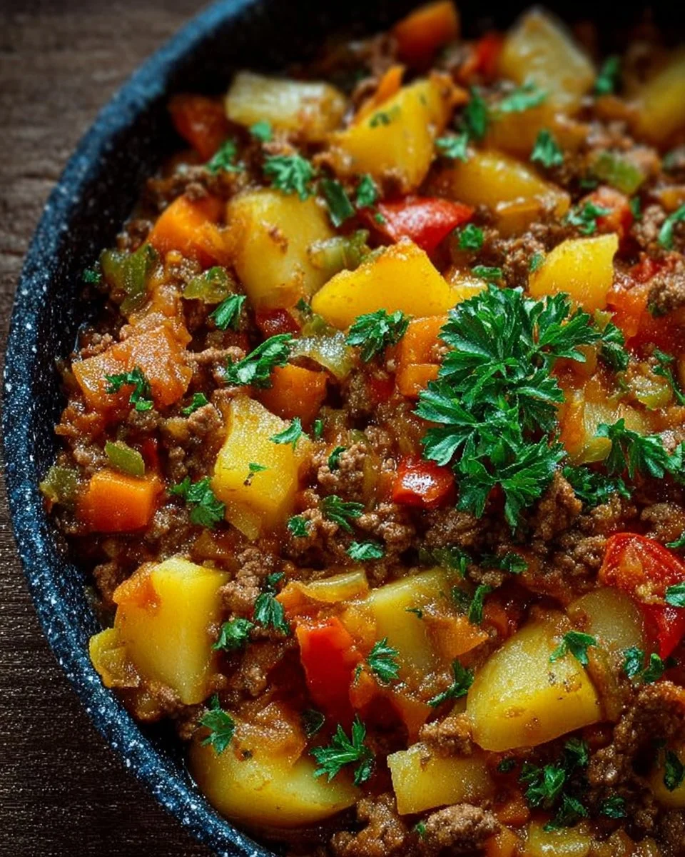 Leckeres Bauerntopf-Gericht mit Hackfleisch, Kartoffeln und Paprika