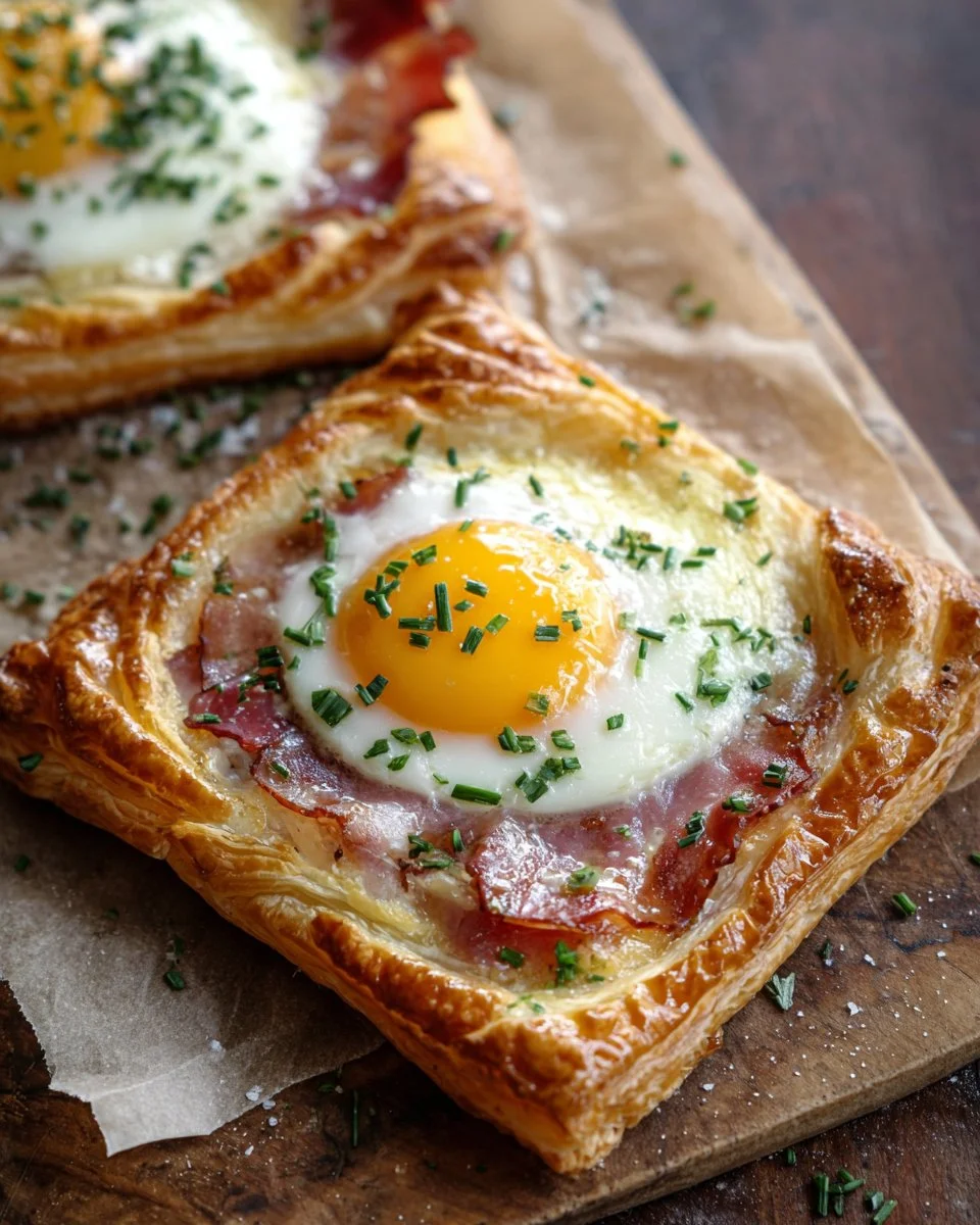 Leckeres Blätterteig Croque Madame mit Schinken und Käse.