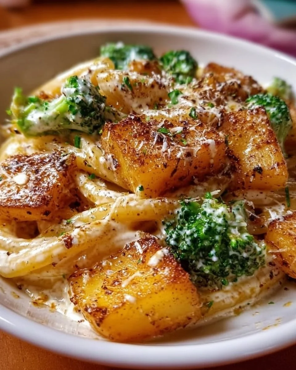 Cremige Brokkoli-Pasta mit Käsesoße auf einem Teller angerichtet.