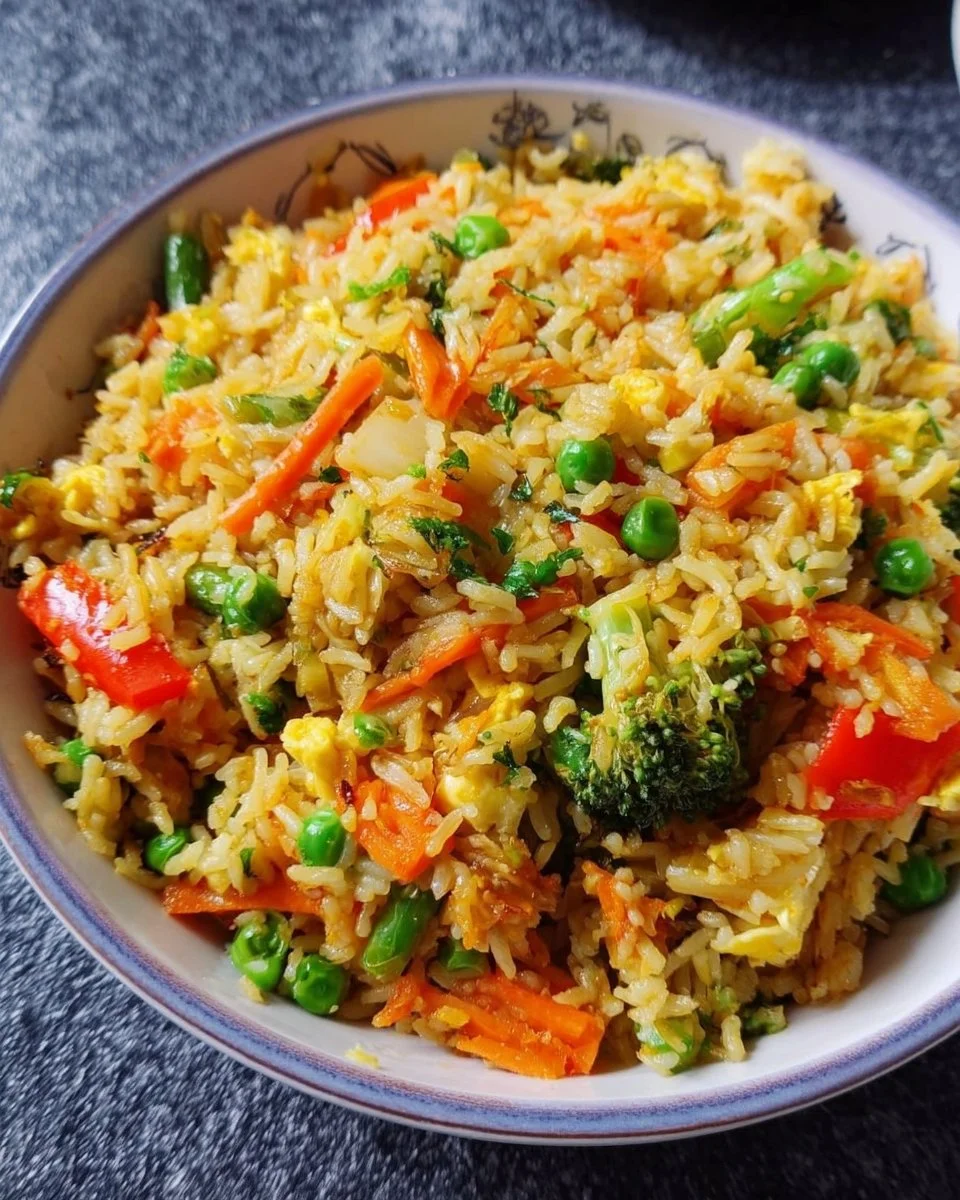 Bunte Gemüse-Reis-Pfanne mit frischem Gemüse und aromatischen Gewürzen.