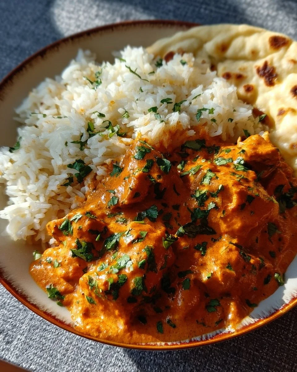 Butter Chicken mit Reis auf dem Teller, perfektes indisches Gericht.