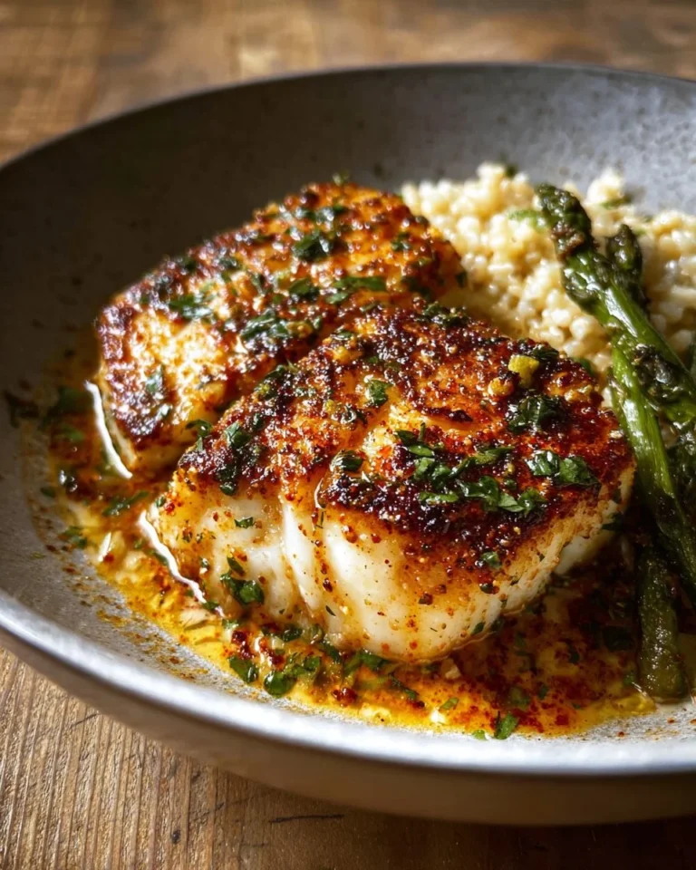 Cajun Kabeljau mit Knoblauchbutter auf einem Teller serviert