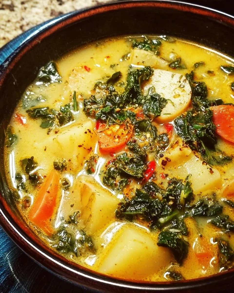 Schüssel mit Chunky Kartoffel-Grünkohl-Suppe, eine herzhafte Wintergerichte.