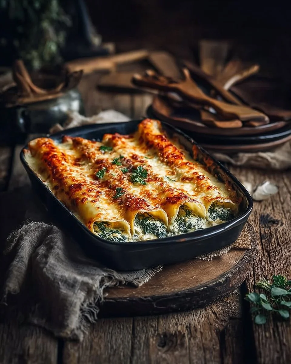 Cremige Cannelloni mit Spinat und Ricotta auf einem Teller angerichtet