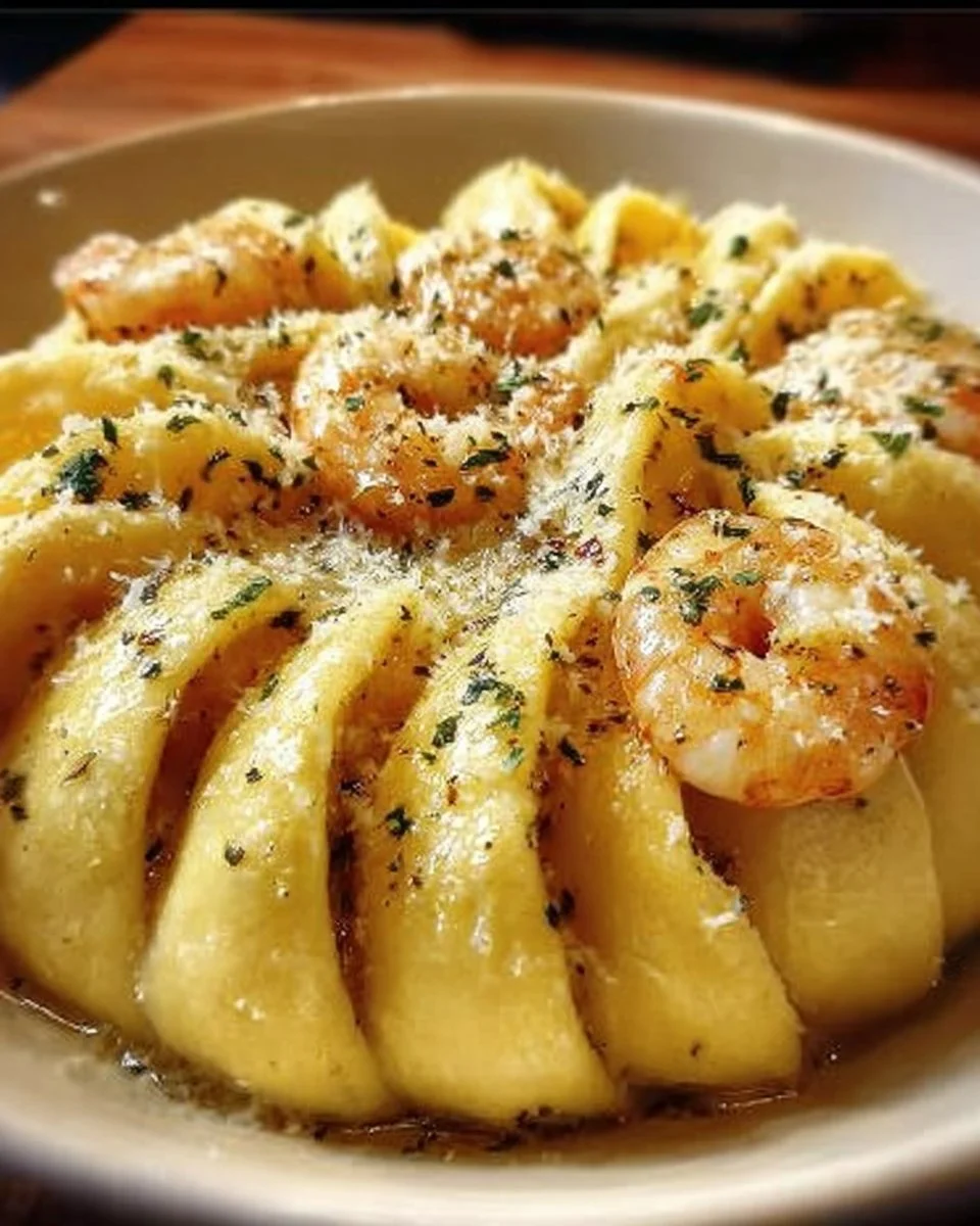 Cremige Garnelen-Pasta mit frischen Zutaten und Sauce, serviert in einer Schüssel.
