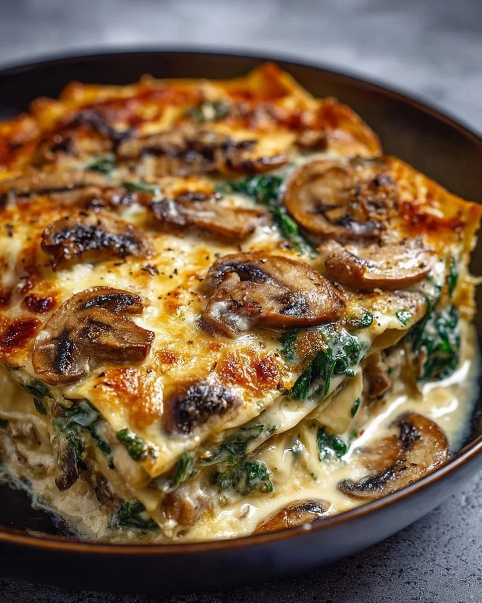Cremige Gemüse-Lasagne mit Spinat und Pilzen auf einem Teller serviert.