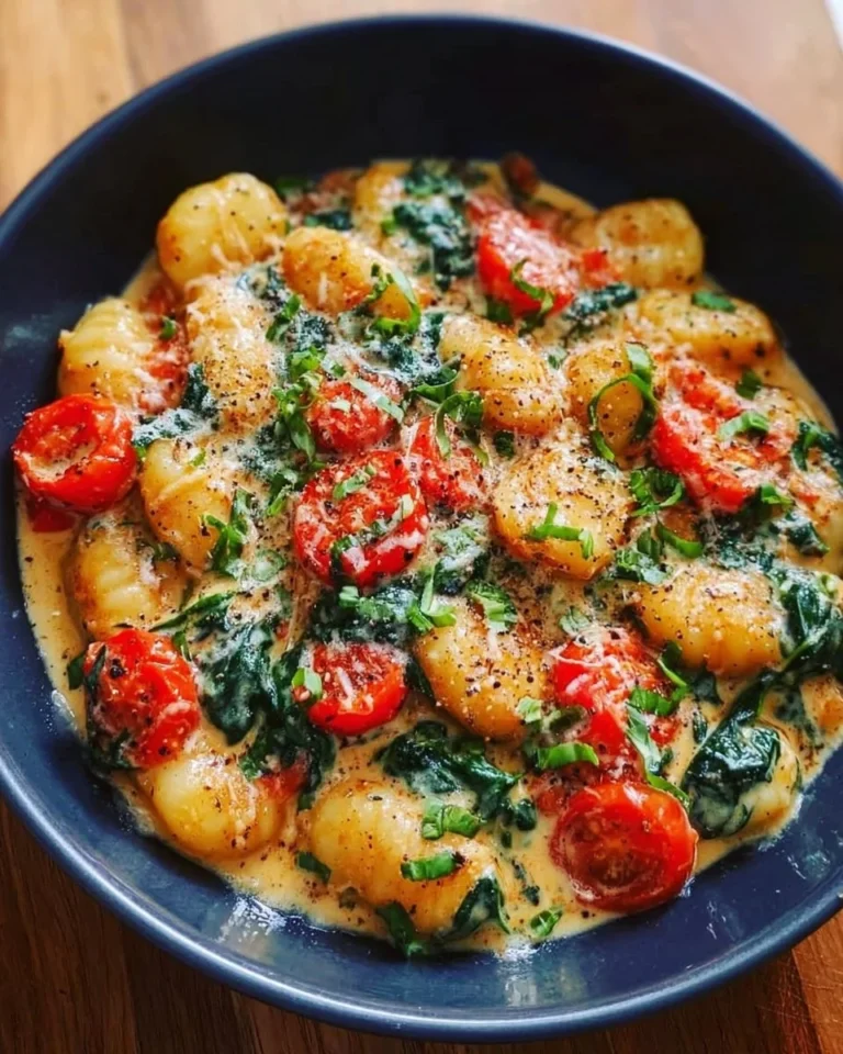 Cremige Gnocchi mit Spinat und Tomaten auf einem Teller