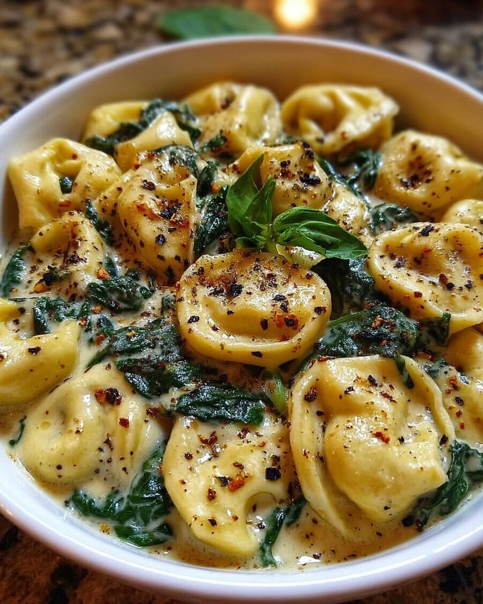 Cremige Knoblauch-Spinat Tortellini in einer Schale serviert