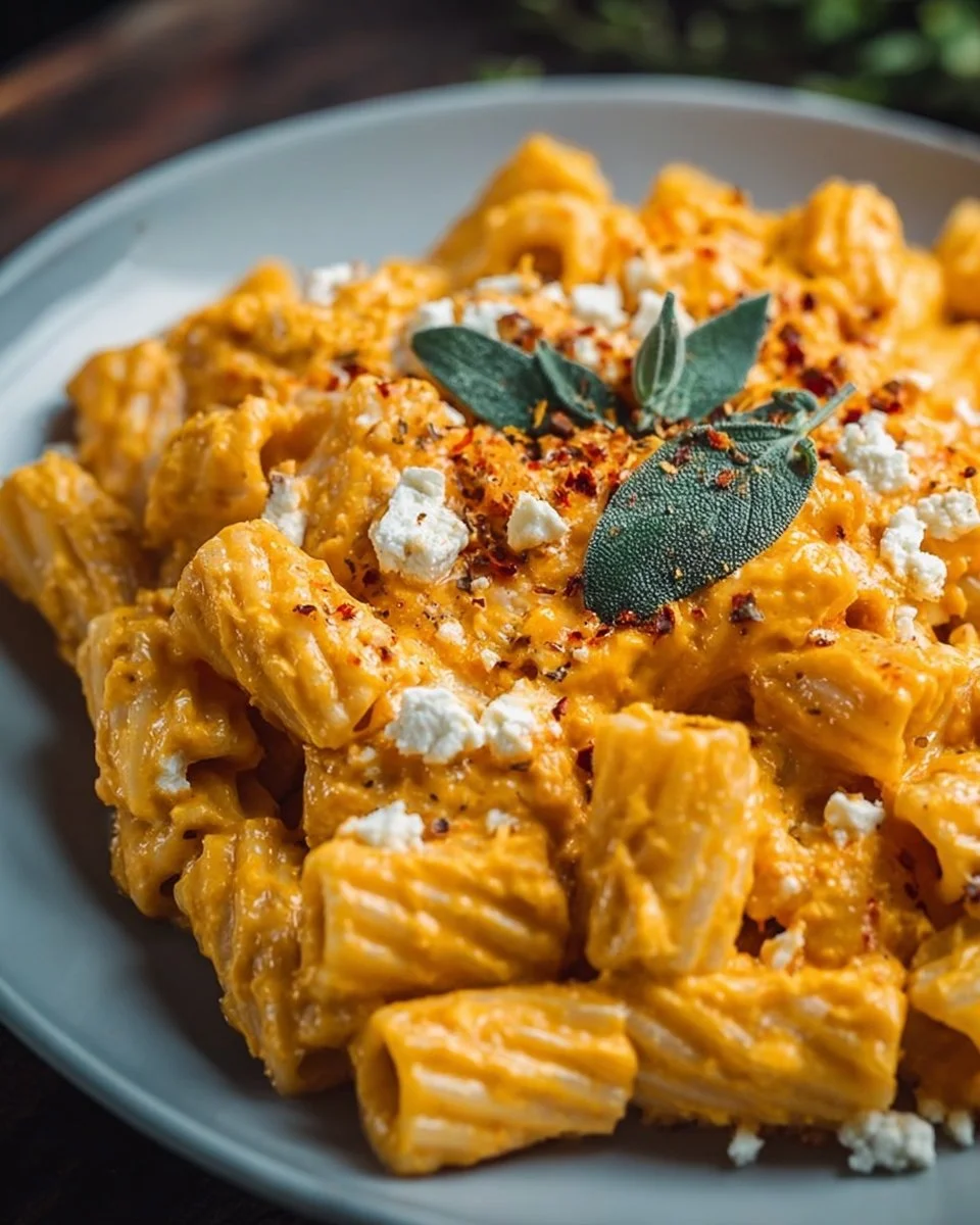 Cremige Kürbis Pasta mit Feta auf einem Teller angerichtet