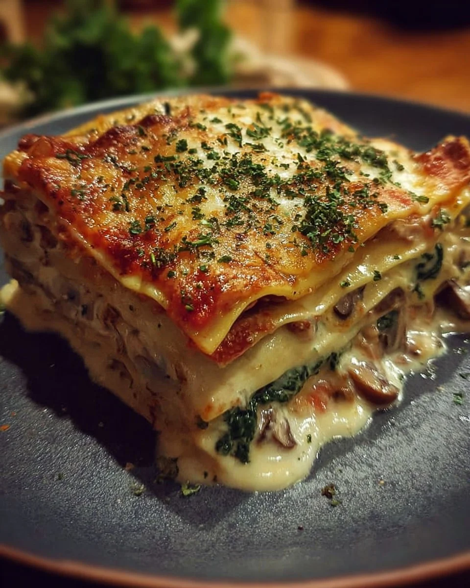 Cremige Lasagne mit Spinat und Champignons auf einem Teller serviert