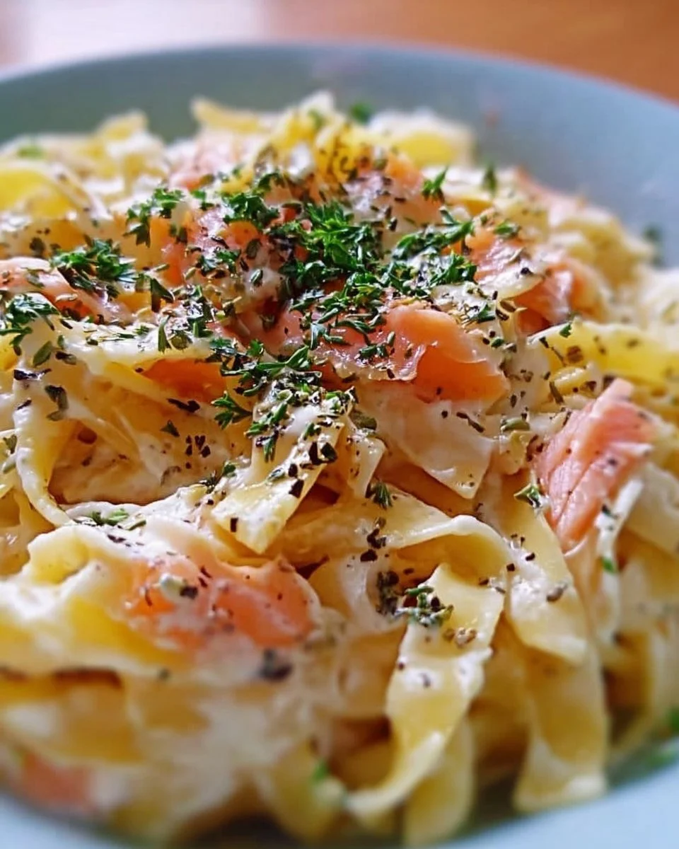 Cremige Nudeln mit Räucherlachs und Frischkäse auf einem Teller angerichtet