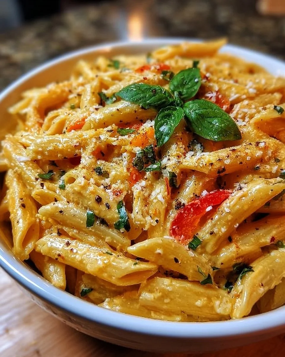 Cremige Pasta mit Paprika auf einem Teller serviert