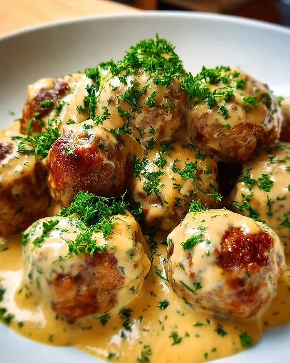 Cremige schwedische Fleischbällchen mit Soße und Beilagen