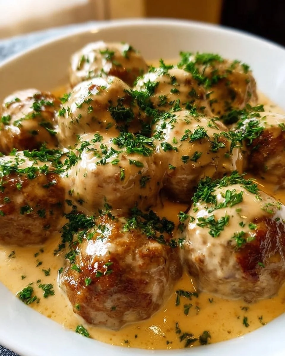 Cremige schwedische Köttbullar auf einem Teller serviert, begleitet von Beilagen.