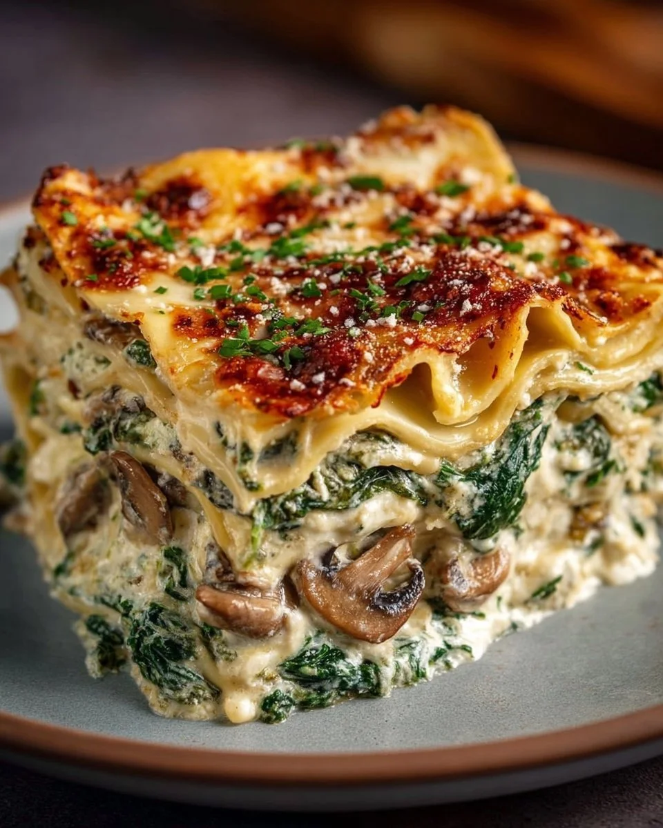 Cremige Spinat-Pilz-Lasagne frisch aus dem Ofen, ein köstliches vegetarisches Gericht.