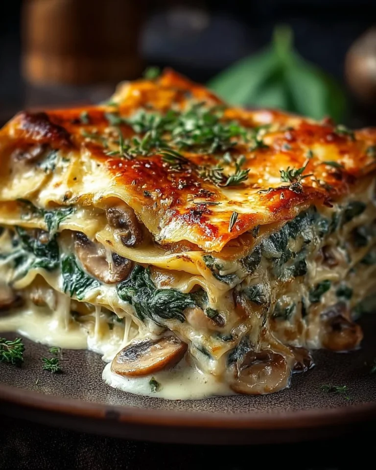 Cremige Spinat-Pilzlasagne mit frischen Zutaten und Käse überbacken