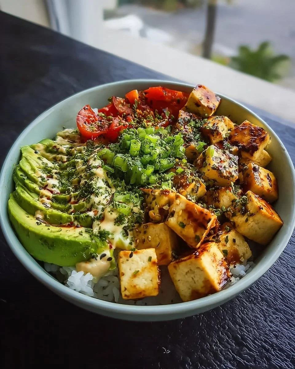Cremige Tofu-Avocado-Bowl mit frischen Zutaten und Farbe
