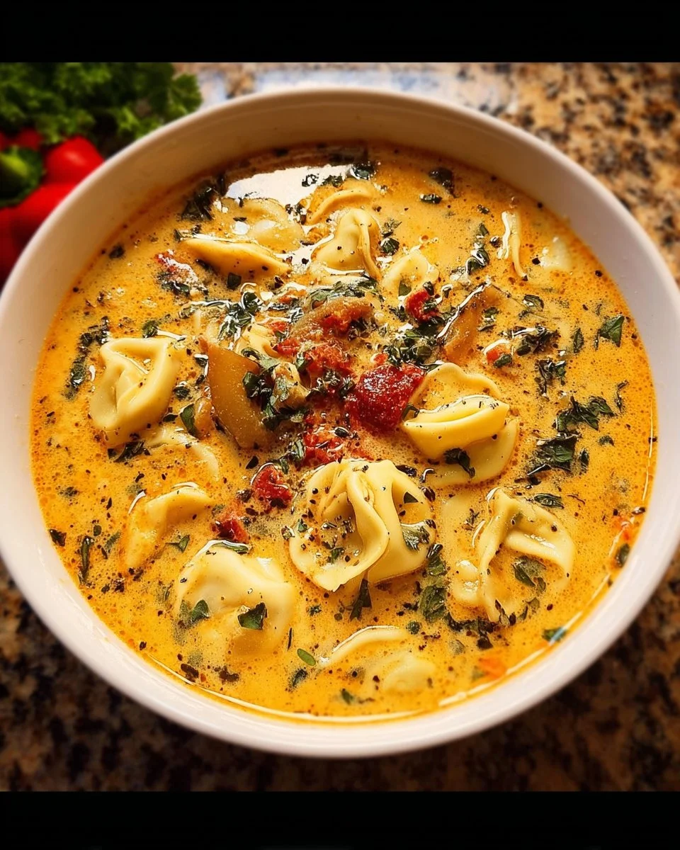 Cremige toskanische Tortellini-Suppe in einer Schüssel serviert