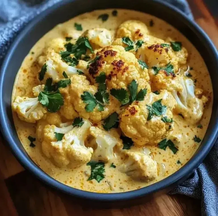 Cremiger Blumenkohl-Curry aus dem Backofen auf einem Teller serviert.