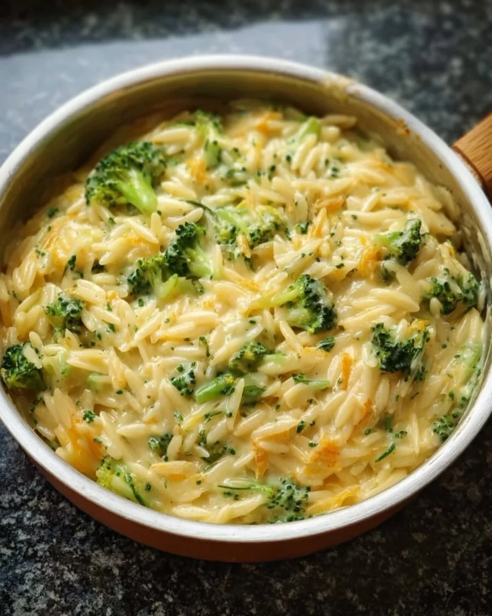 Cremiger Brokkoli-Käse-Orzo in einer Schüssel angerichtet