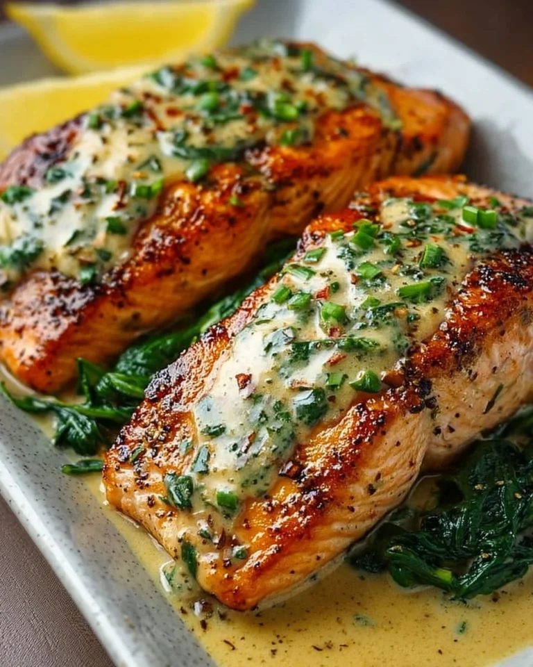 Cremiger Knoblauch-Butter-Lachs mit Spinat auf einem Teller.