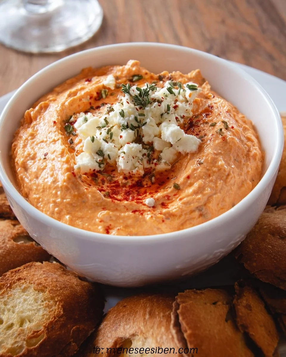 Cremiger Tomaten-Feta-Dip serviert in einer Schüssel mit frischen Kräutern