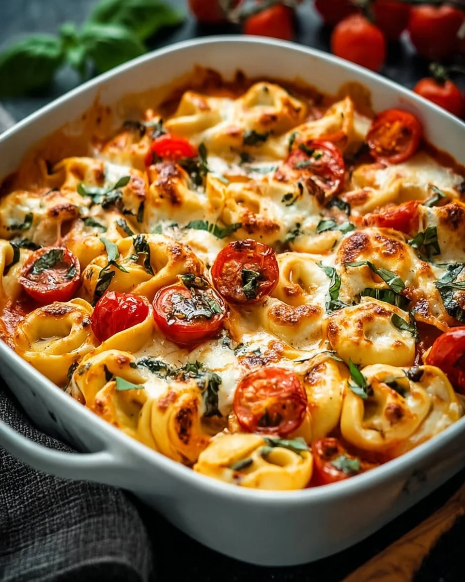 Cremiger Tortellini-Auflauf mit Tomaten und Mozzarella aus dem Ofen