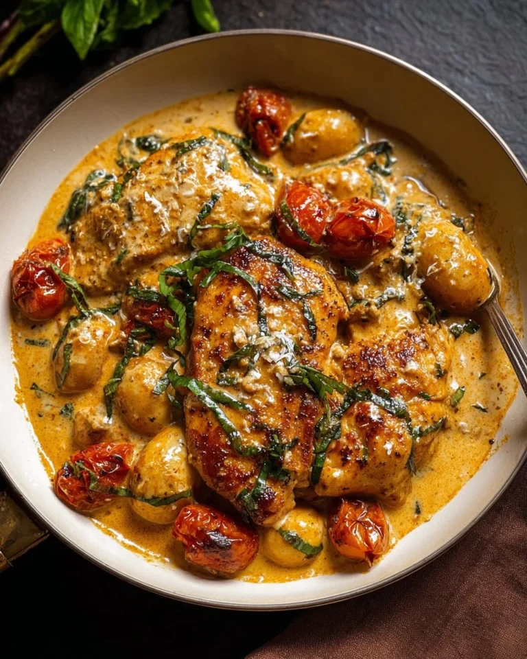 Cremiges toskanisches Hähnchen 'Heirate Mich' auf einem Teller angerichtet.