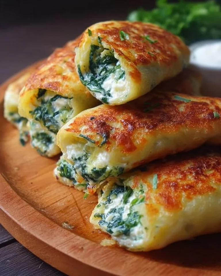 Crispy Kartoffeltaschen mit Spinat und Frischkäse auf einem Teller angerichtet