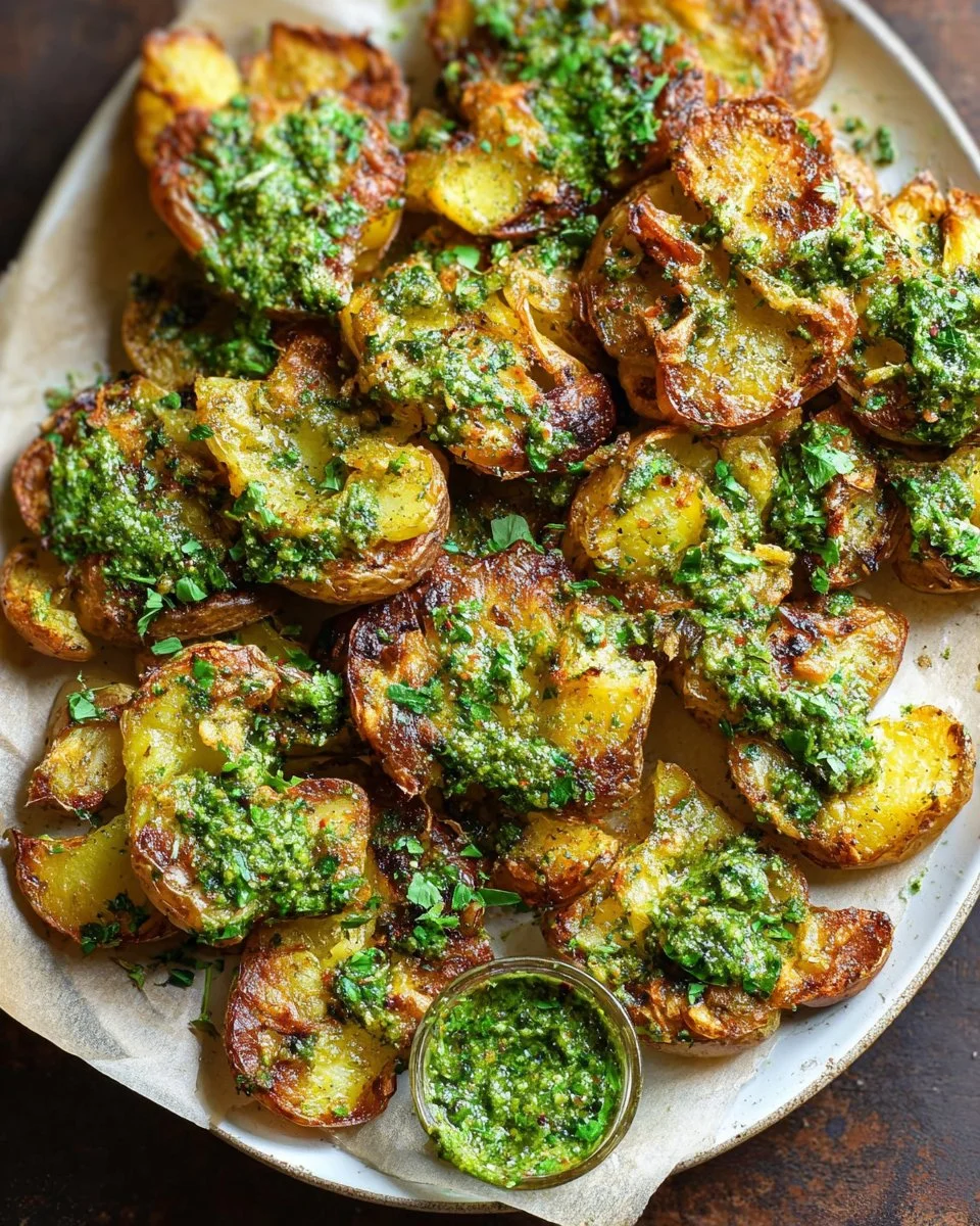 Knusprige Smashed Potatoes mit Knoblauch-Pesto auf einem Teller