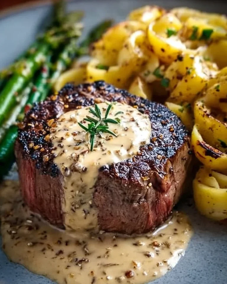 Zartes Filet Mignon mit Pfefferrahmsauce auf einem Teller angerichtet.