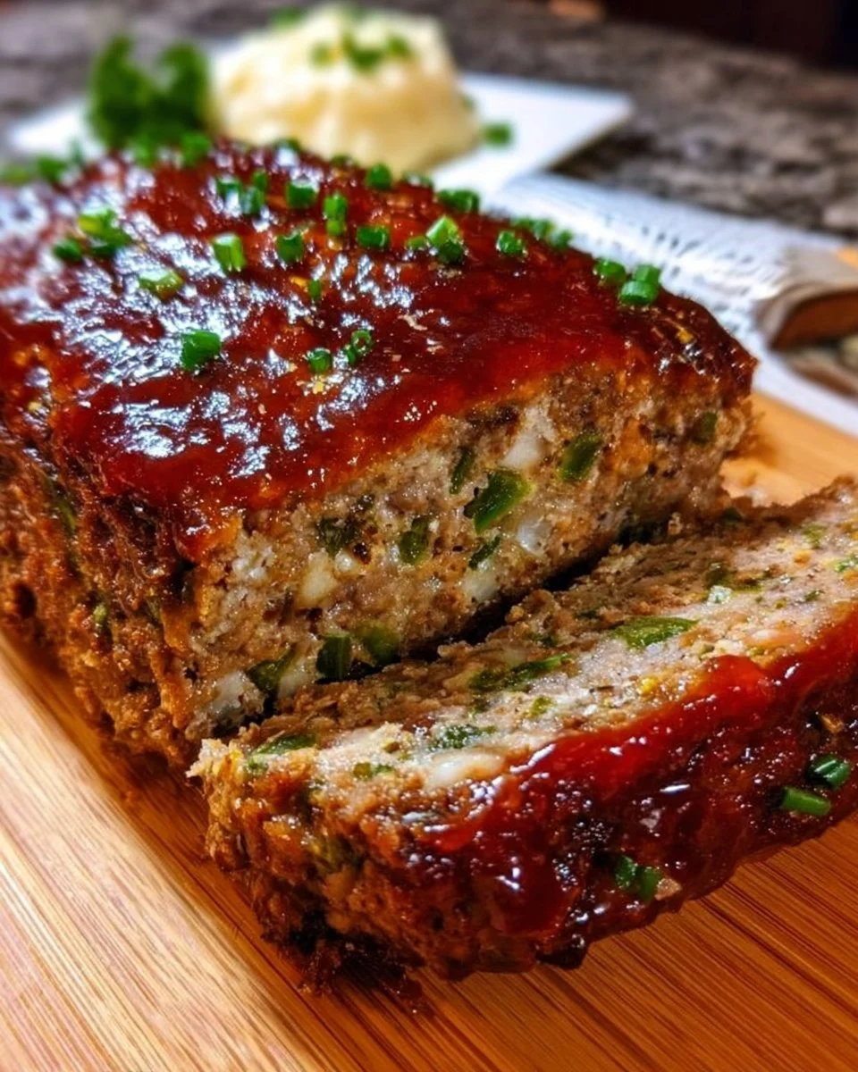 Leckerer Airfryer Hackbraten auf einem Teller serviert.
