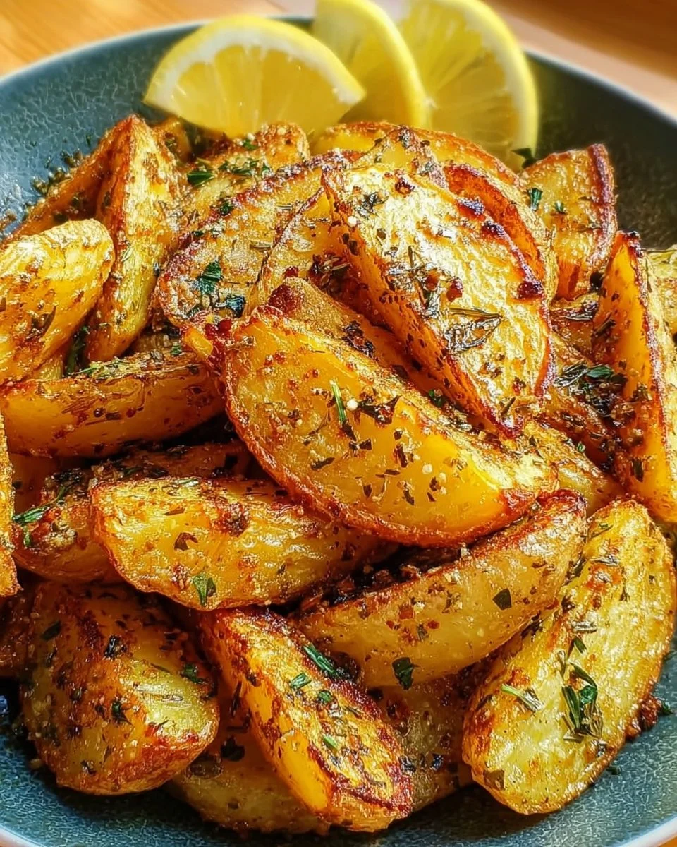 Einfache knusprige griechische Zitronenkartoffeln auf einem Teller