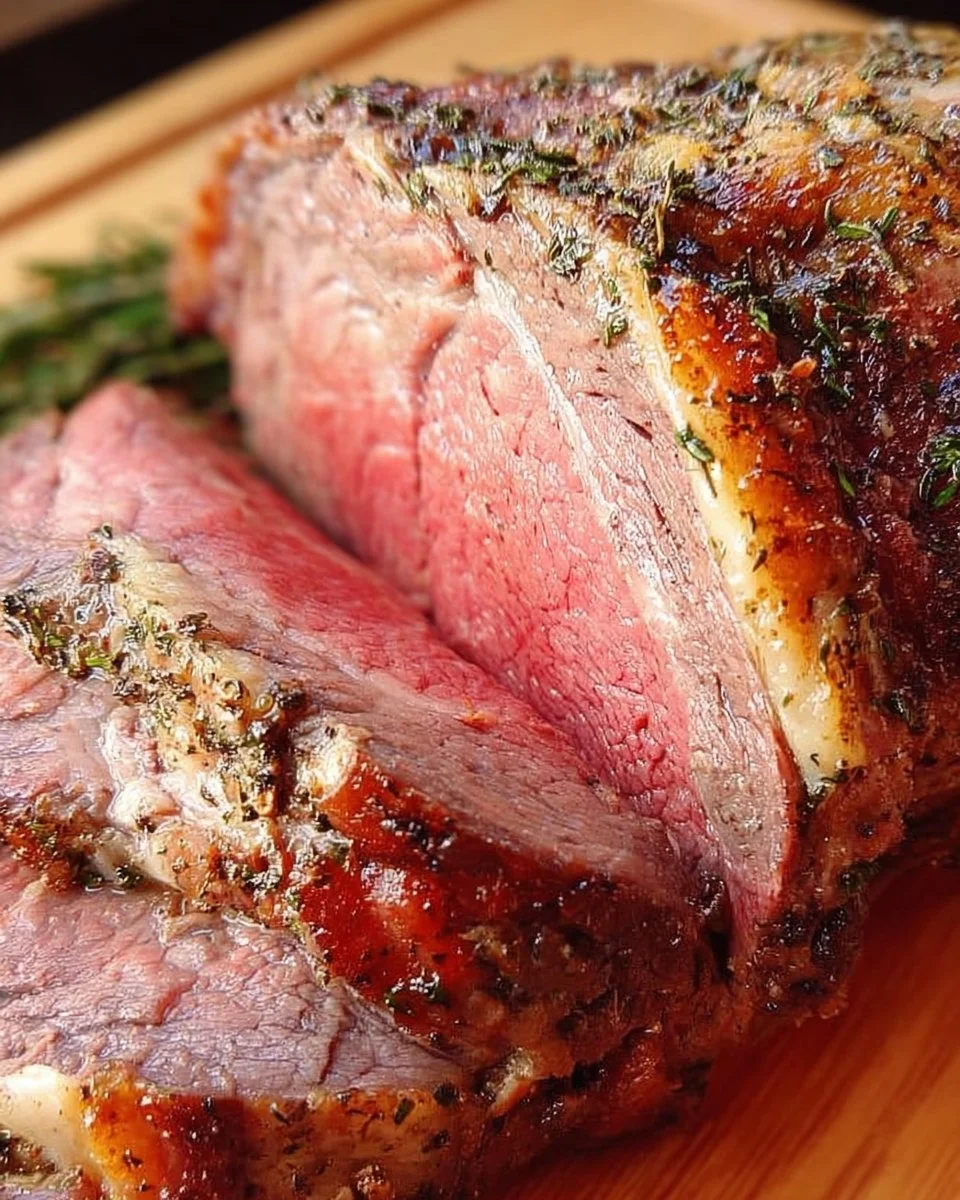 Medium rare im Ofen geröstete Prime Rib mit Kräutern und Gewürzen