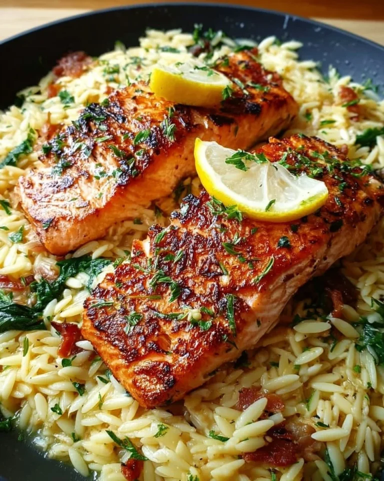 Einfaches Lachsfilet mit Zitronen-Orzo auf einem Teller serviert.