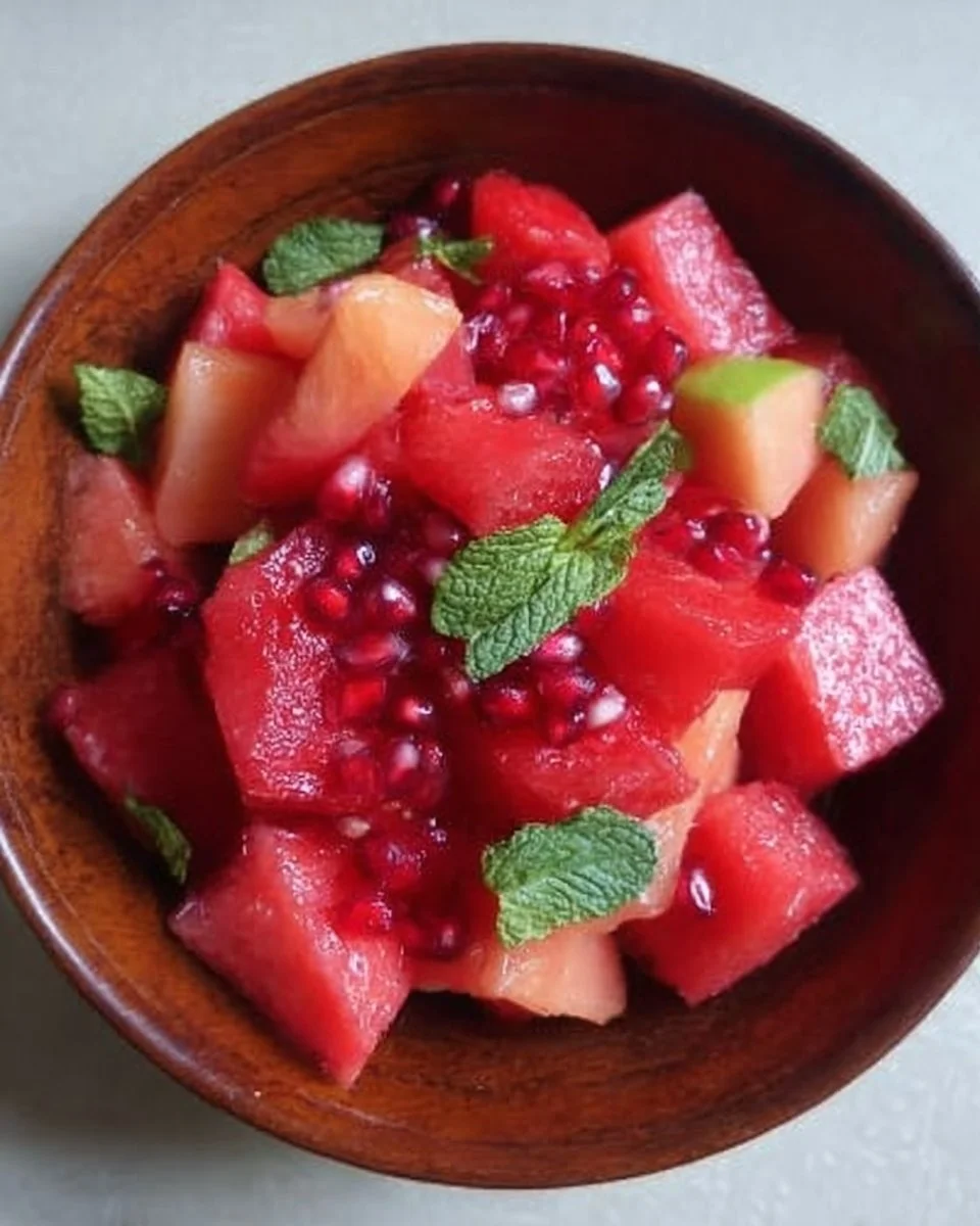 Einfacher roter Obstsalat mit verschiedenen Früchten auf einem Teller