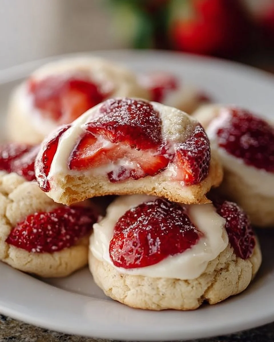 Leckere Erdbeer-Käsekuchen-Kekse auf einem Teller