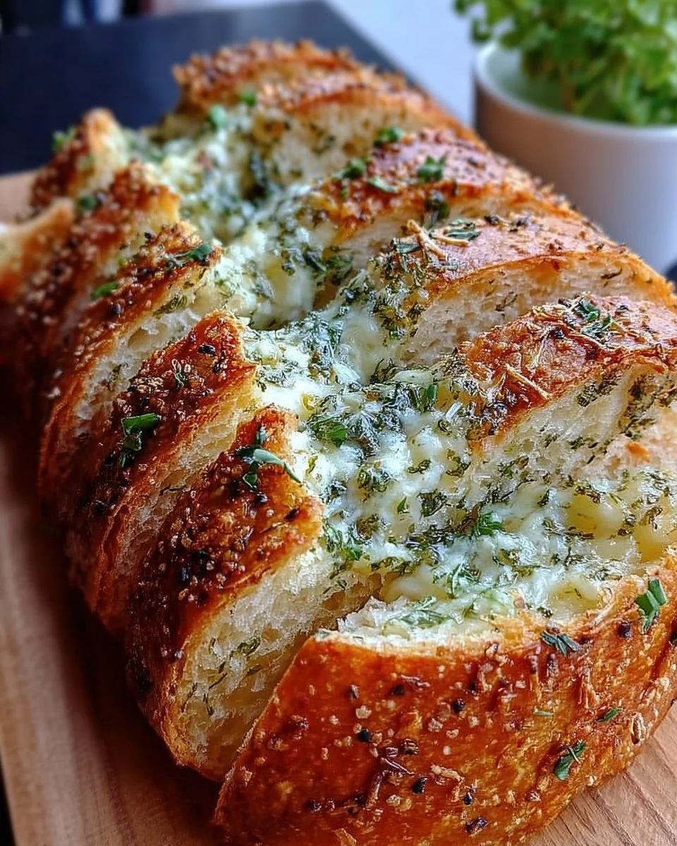 Faulenzendes Knoblauchbrot ohne Kneten auf einem Holztisch
