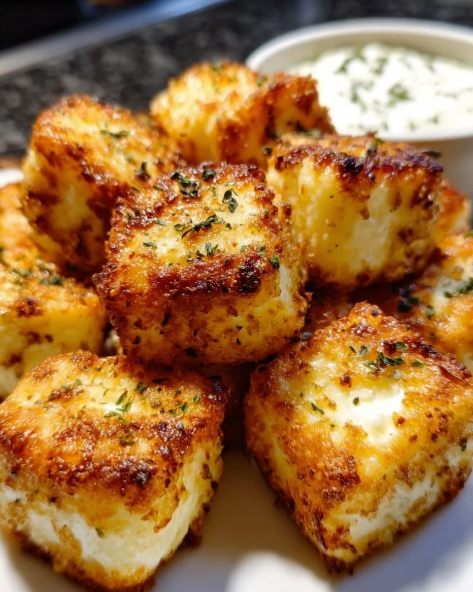 Leckere Feta-Häppchen aus dem Airfryer auf einem Teller serviert.