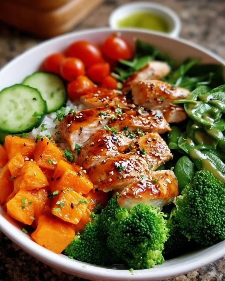 Gesunde Fitness-Bowl mit Hähnchen und frischen Zutaten