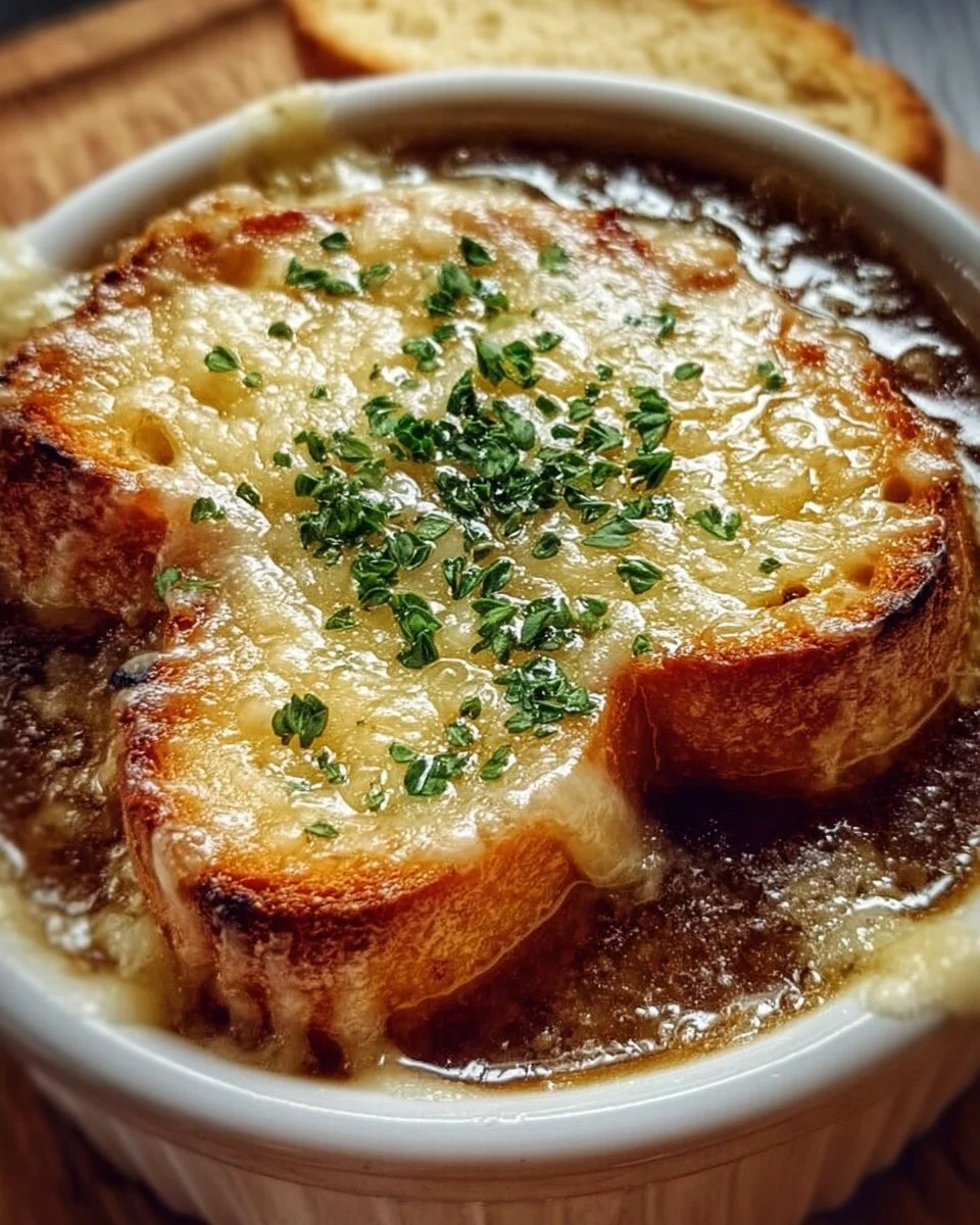 Schüssel mit klassischer französischer Zwiebelsuppe, garniert mit Käse und Brot.