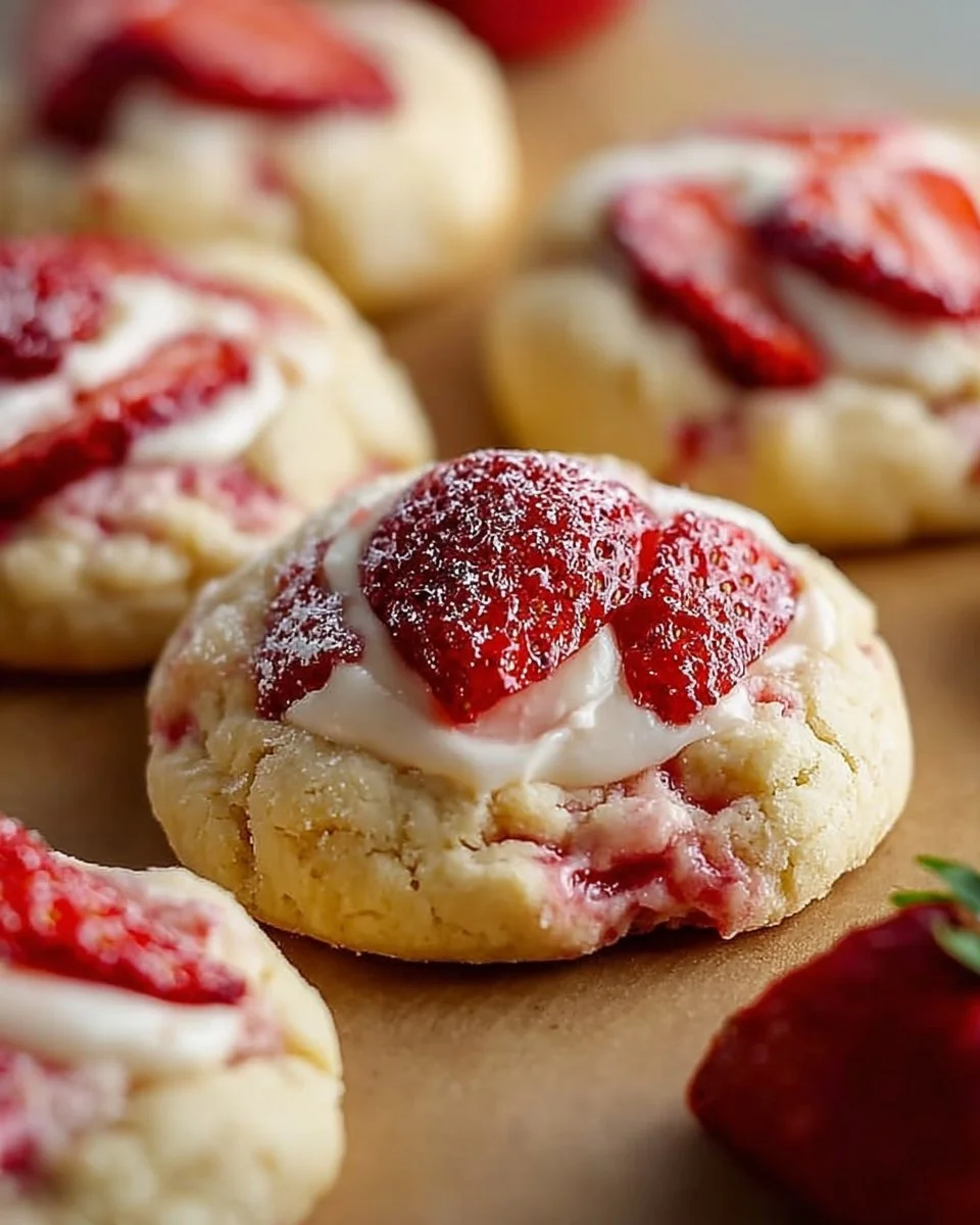 Fruchtige Käsekuchen-Kekse mit Erdbeeren auf einem Teller.