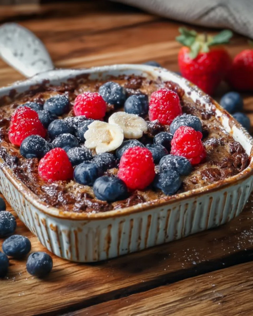 Schüssel mit gebackenen Haferflocken, frisch aus dem Ofen, mit Früchten garniert