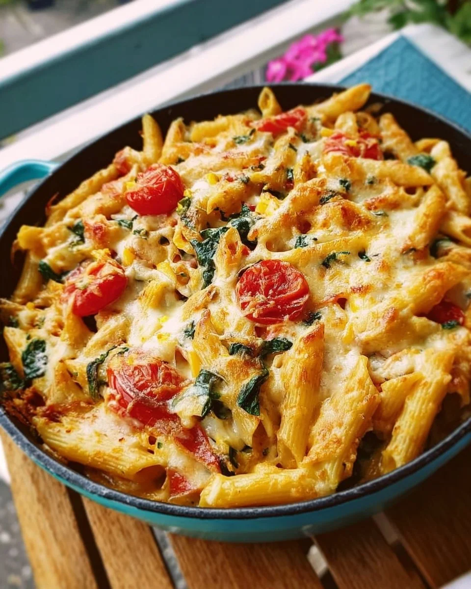 Gesunder vegetarischer Nudelauflauf mit frischem Gemüse und Käse überbacken