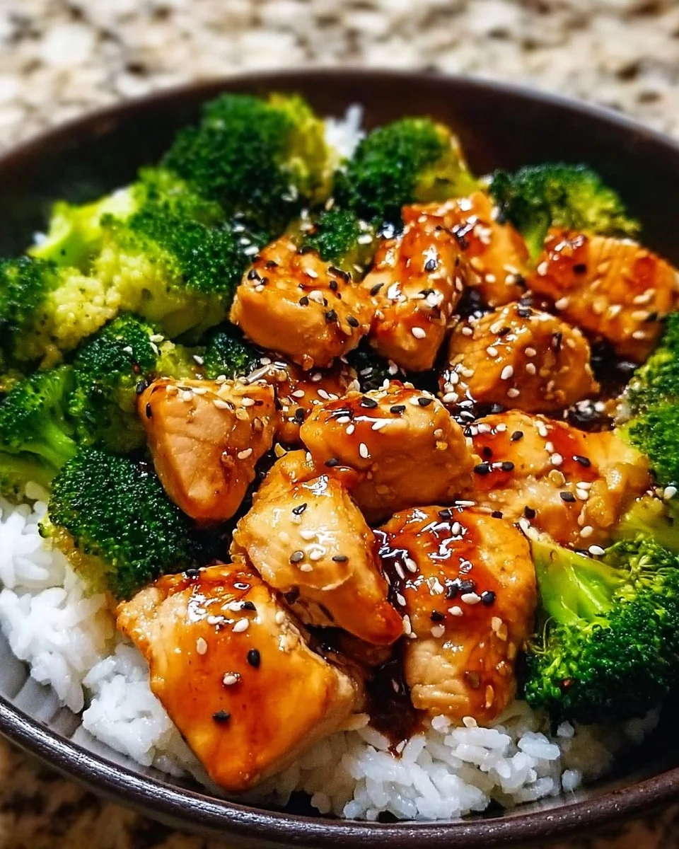 Gesundes Chicken Teriyaki mit Brokkoli und Reis auf einem Teller serviert.
